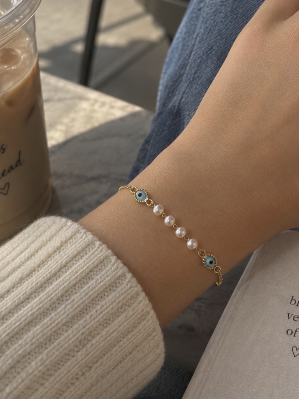 Gold Plated Pearl Bracelet with Blue Eye Accents - Women Jewelry
